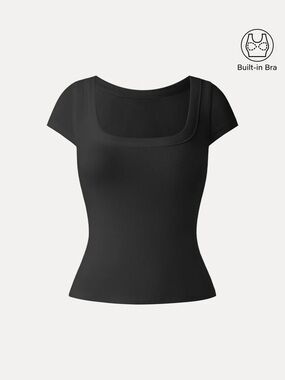 NWT OGL Stretch Cotton Square Neck Cap Sleeve Bra Top in black